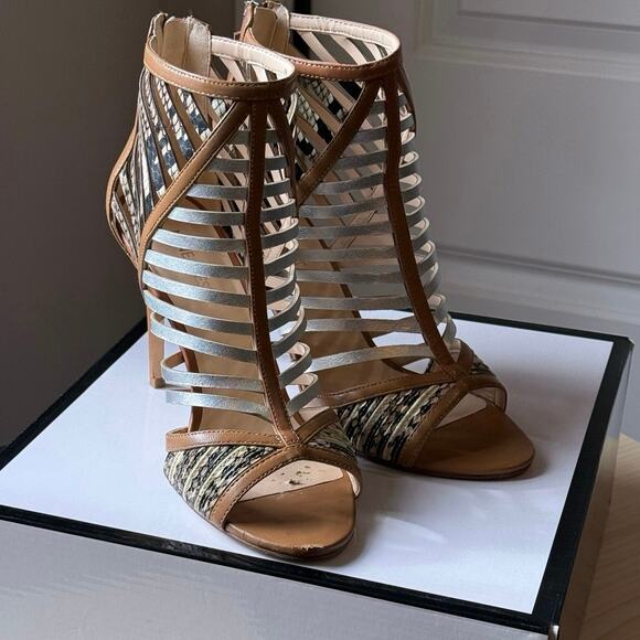 Nine West SZ 7 in Box Tan Leather 4" STILLETO Heel PEEP TOE Snakeskin Metallic - Picture 11 of 16
